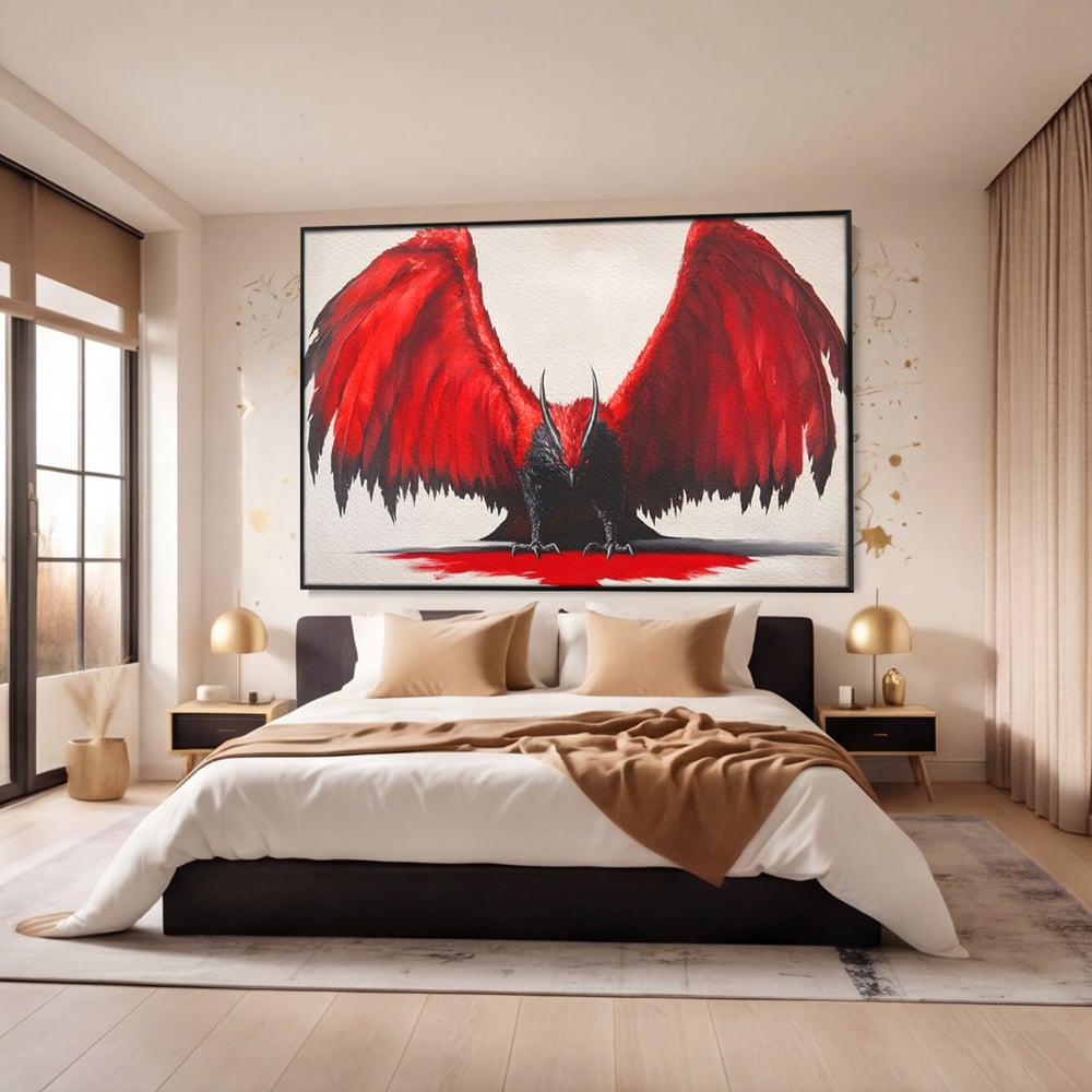 Tablou canvas cu tablou canvas cu pasare fantastica rosu cu negru, in rama de aluminiu negru, pe perete intr-un dormitor